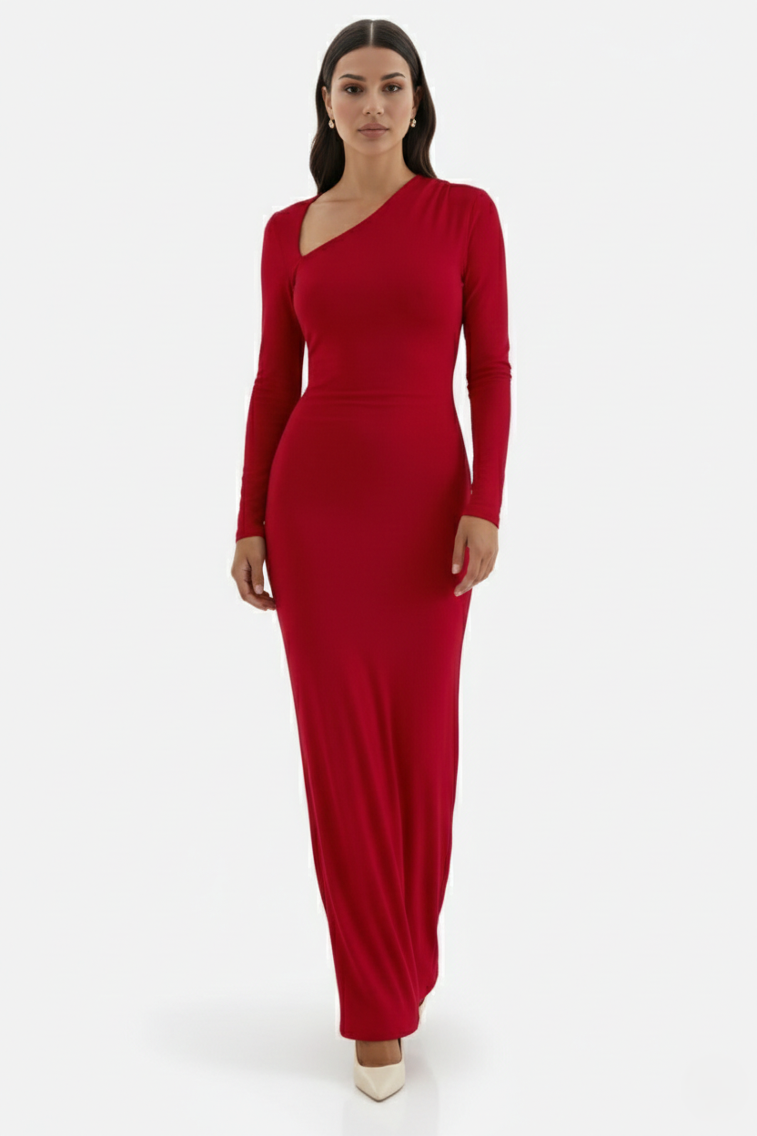 Bodycon Maxi Dress Asymmetric Cutout Long Sleeve - Siopie