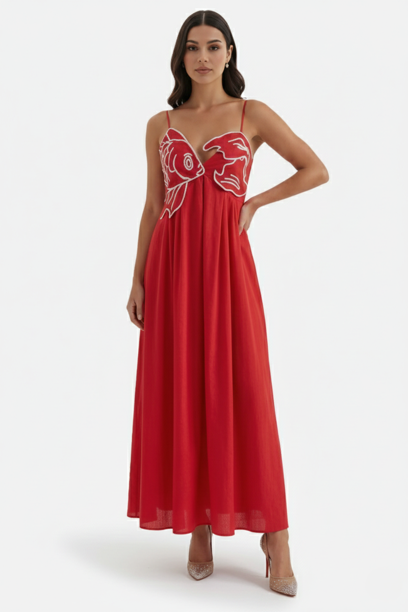 Summer Linen Dress Embroidered Fish Bodice A-Line with Spaghetti Straps - Siopie