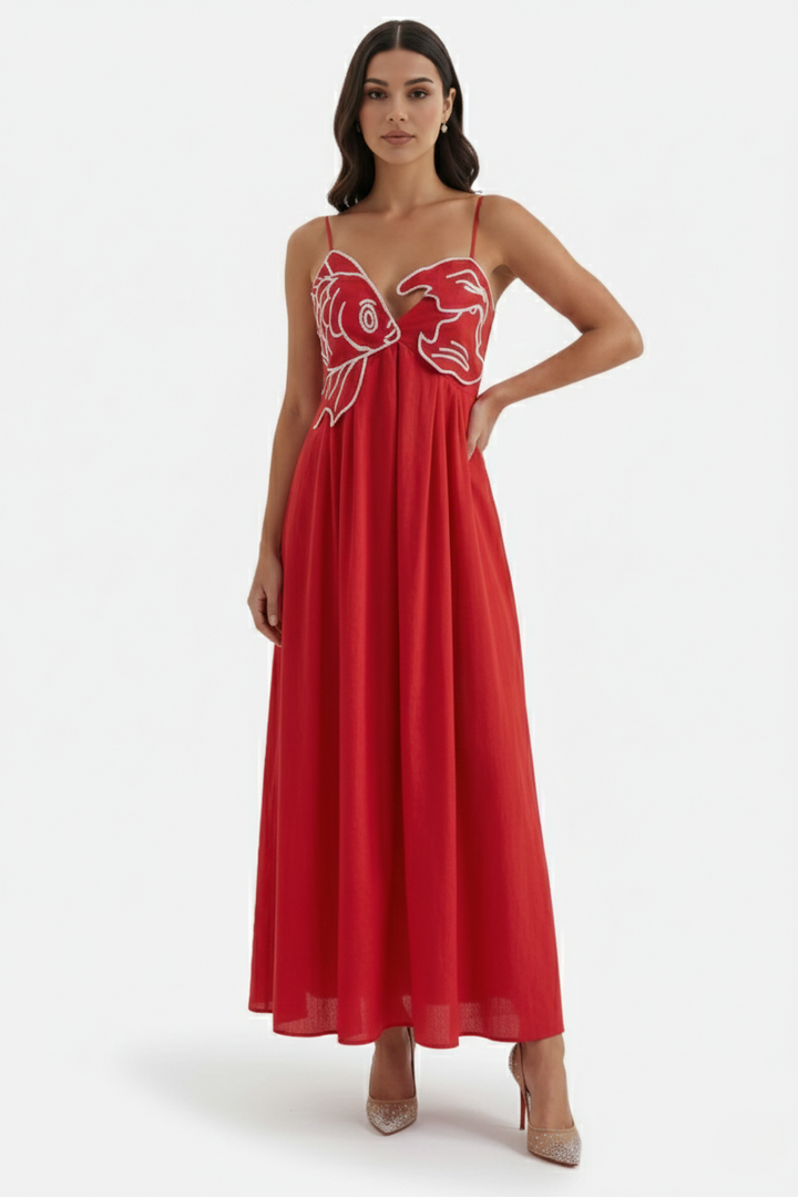 Summer Linen Dress Embroidered Fish Bodice A-Line with Spaghetti Straps - Siopie