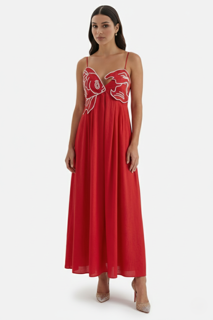 Summer Linen Dress Embroidered Fish Bodice A-Line with Spaghetti Straps - Siopie