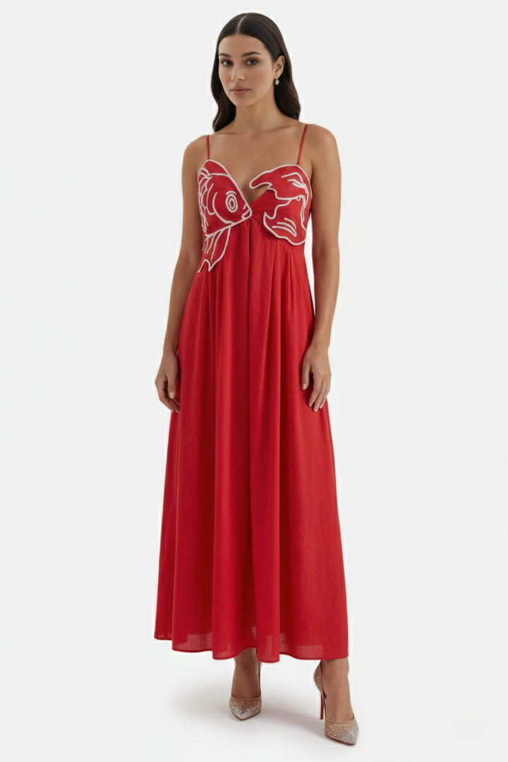 Summer Linen Dress Embroidered Fish Bodice A-Line with Spaghetti Straps - Siopie