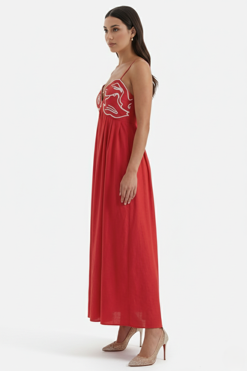 Summer Linen Dress Embroidered Fish Bodice A-Line with Spaghetti Straps - Siopie