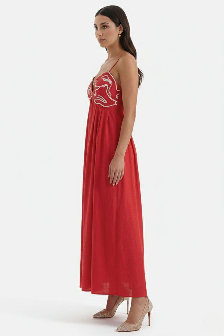 Summer Linen Dress Embroidered Fish Bodice A-Line with Spaghetti Straps - Siopie