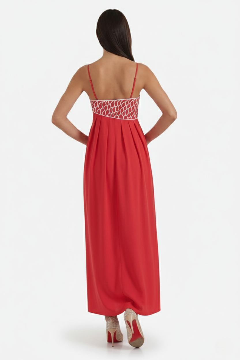 Summer Linen Dress Embroidered Fish Bodice A-Line with Spaghetti Straps - Siopie