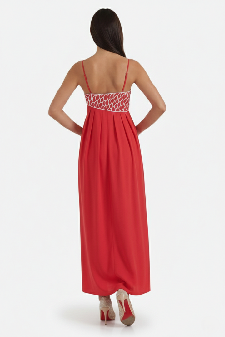 Summer Linen Dress Embroidered Fish Bodice A-Line with Spaghetti Straps - Siopie