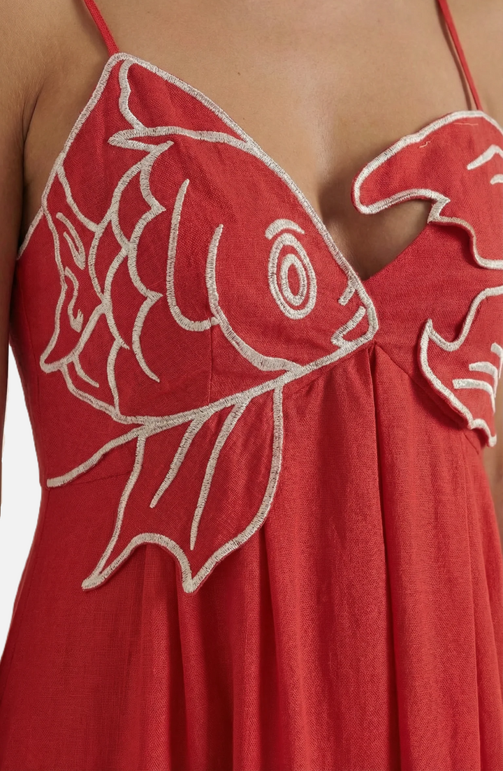Summer Linen Dress Embroidered Fish Bodice A-Line with Spaghetti Straps - Siopie