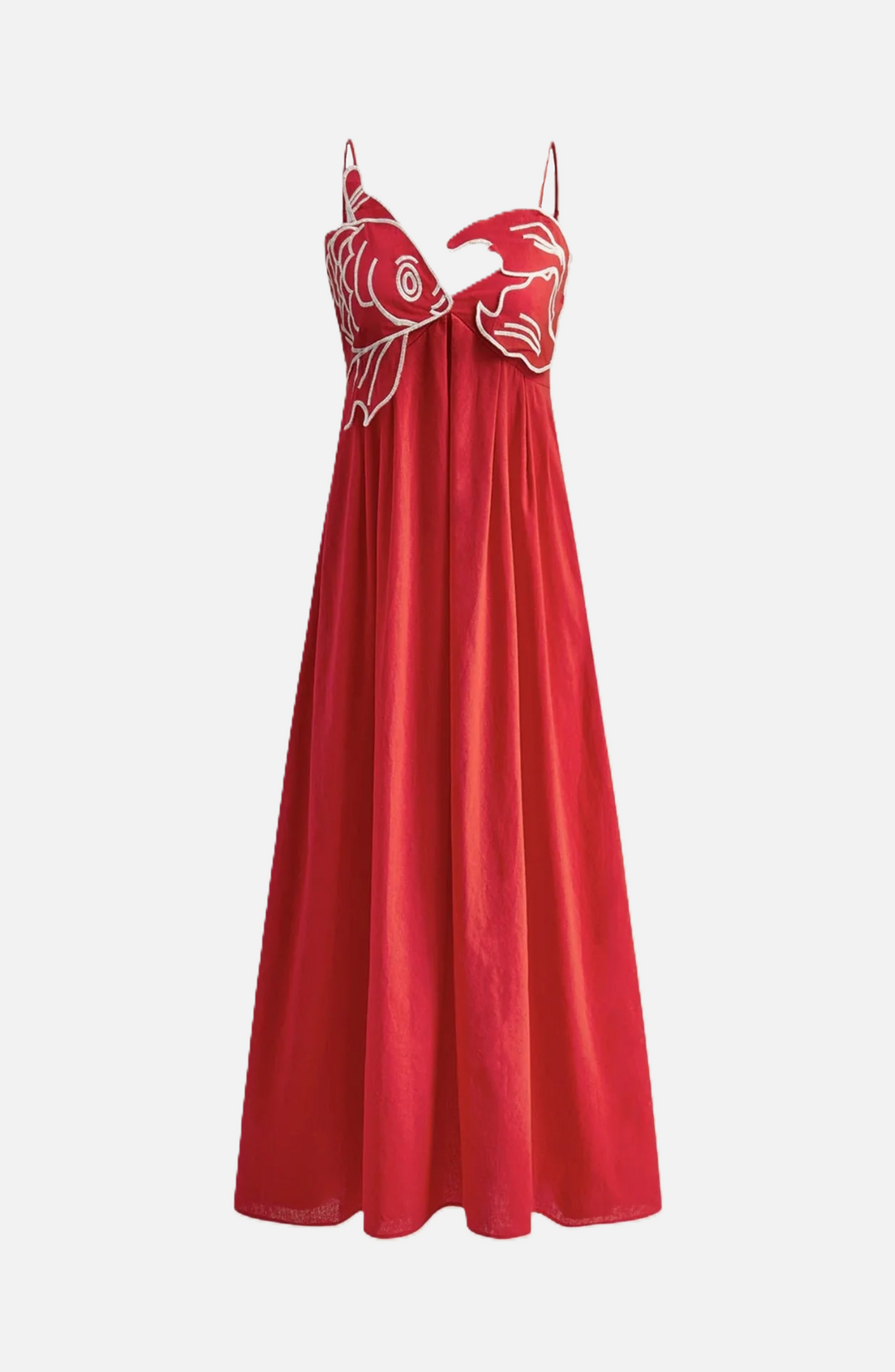 Summer Linen Dress Embroidered Fish Bodice A-Line with Spaghetti Straps - Siopie