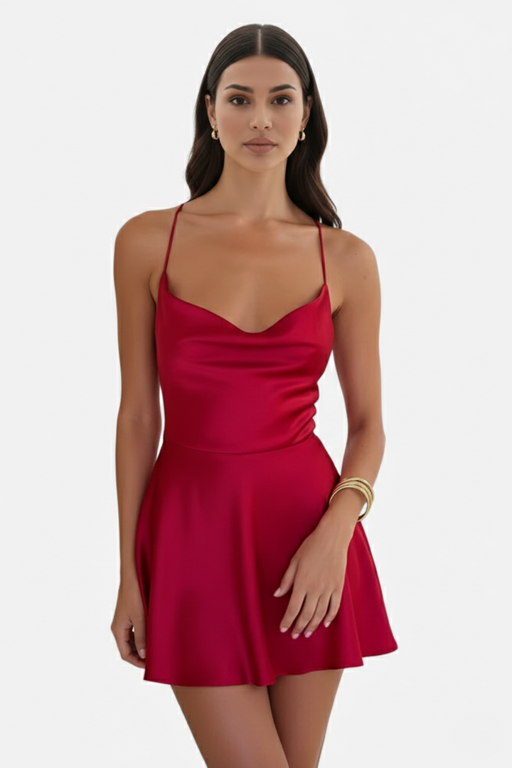 Satin Spaghetti Strap Tiered Mini Dress with Lace Up Back - Siopie