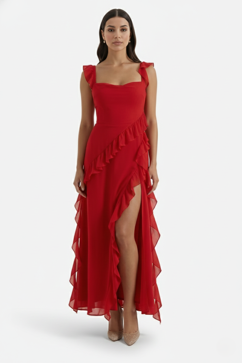 Sleeveless Ruffle Trim Maxi Dress with Front Slit - Siopie