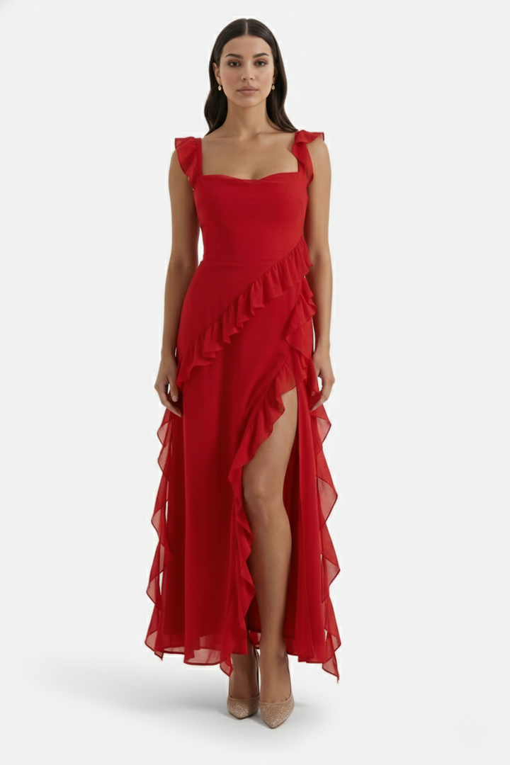 Sleeveless Ruffle Trim Maxi Dress with Front Slit - Siopie