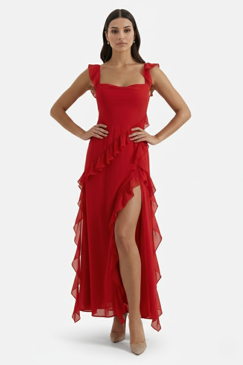 Sleeveless Ruffle Trim Maxi Dress with Front Slit - Siopie
