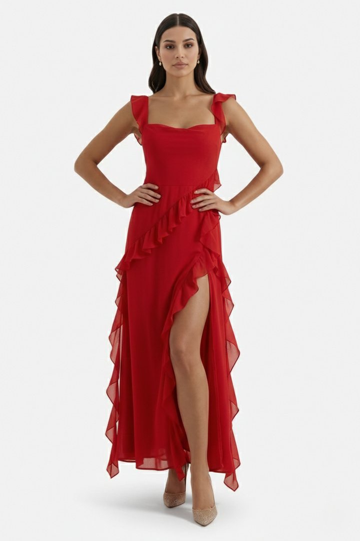 Sleeveless Ruffle Trim Maxi Dress with Front Slit - Siopie