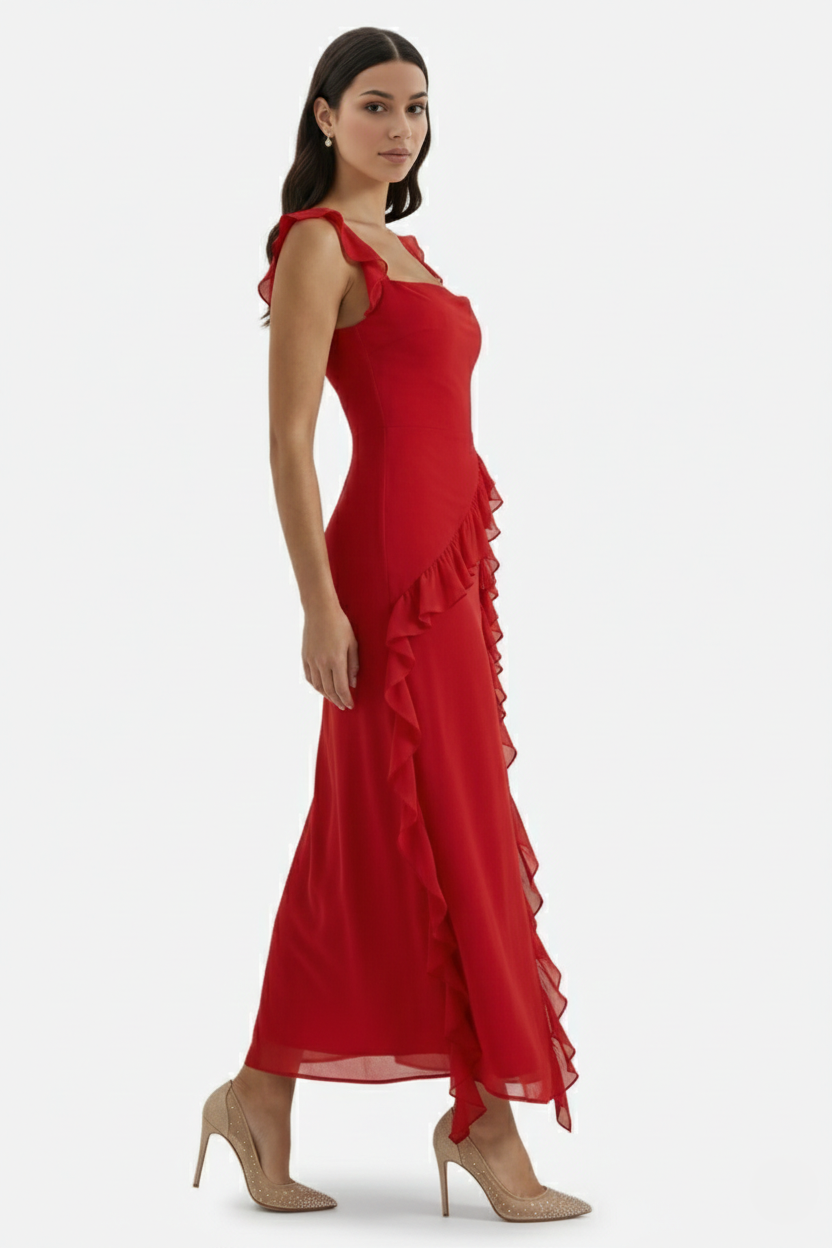 Sleeveless Ruffle Trim Maxi Dress with Front Slit - Siopie