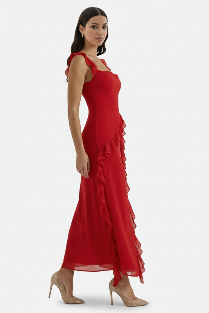 Sleeveless Ruffle Trim Maxi Dress with Front Slit - Siopie