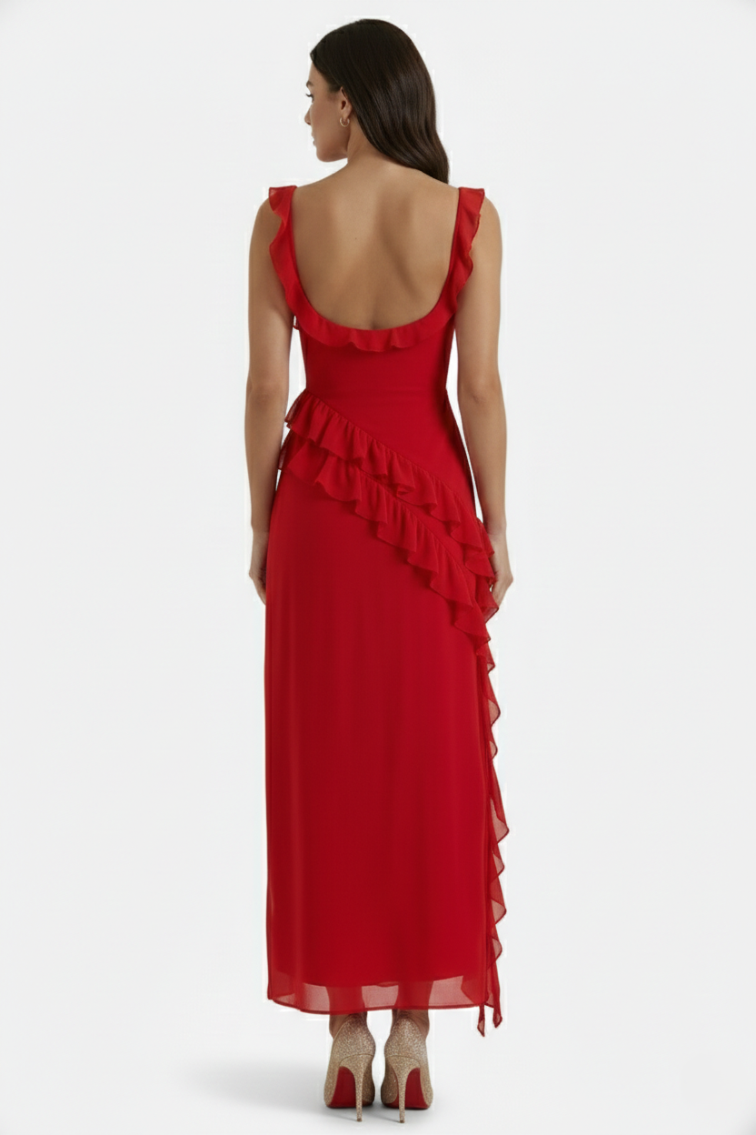 Sleeveless Ruffle Trim Maxi Dress with Front Slit - Siopie