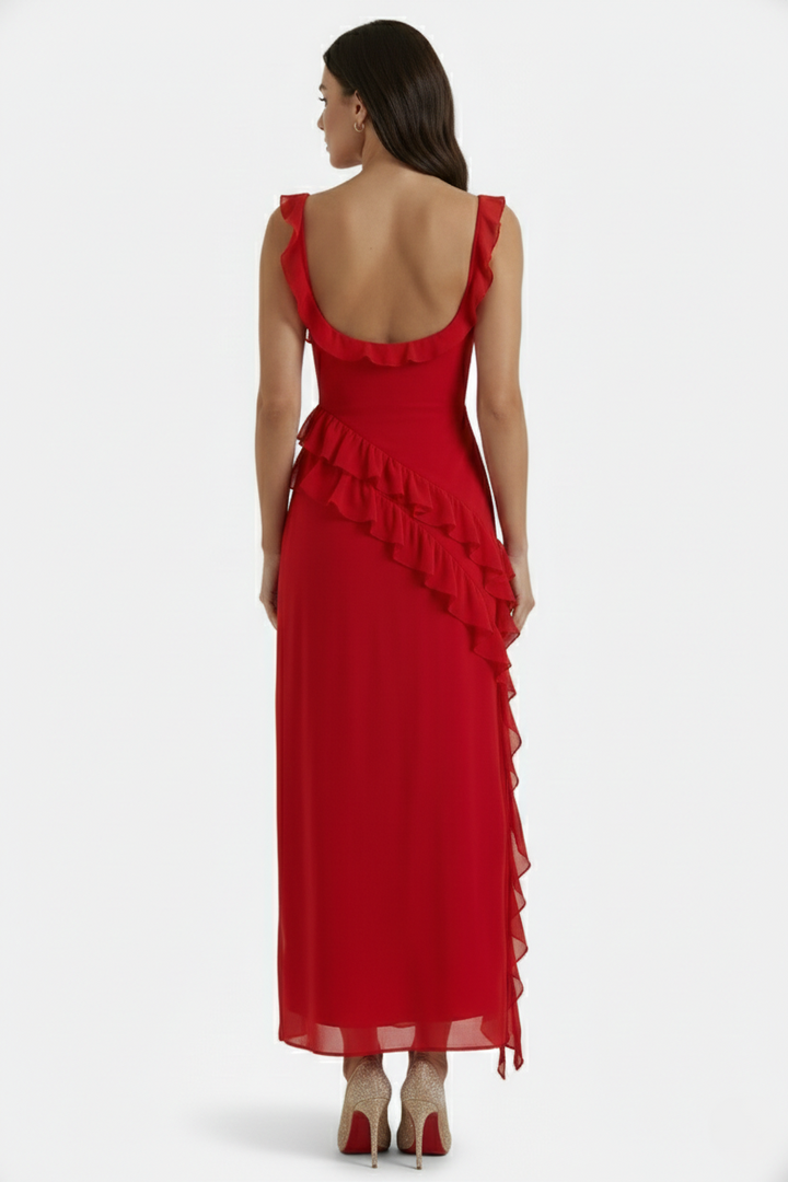 Sleeveless Ruffle Trim Maxi Dress with Front Slit - Siopie