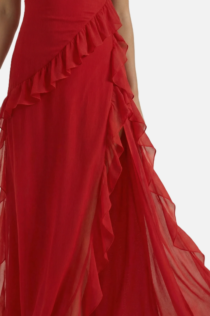 Sleeveless Ruffle Trim Maxi Dress with Front Slit - Siopie