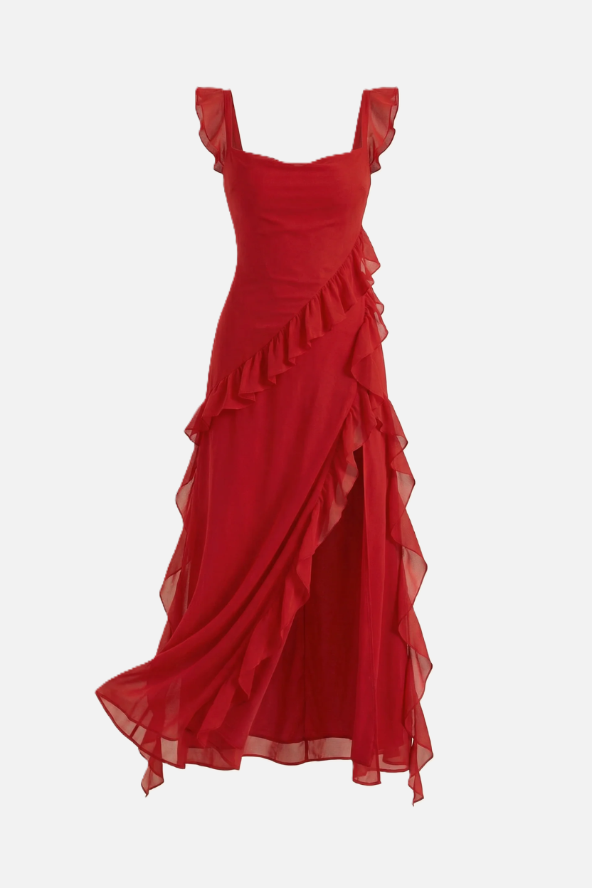 Sleeveless Ruffle Trim Maxi Dress with Front Slit - Siopie