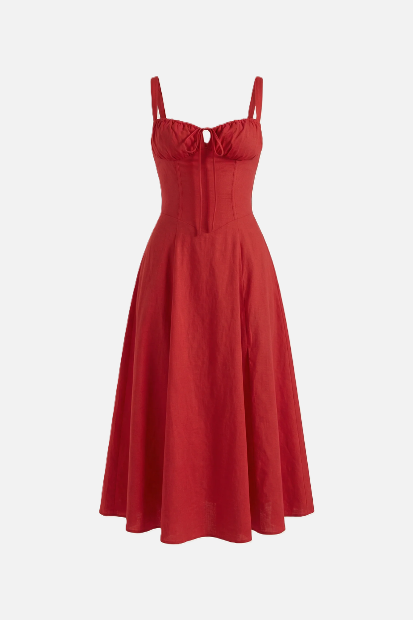 Summer Midi Dress Ruched Bust Tie Lace Up Back - Siopie
