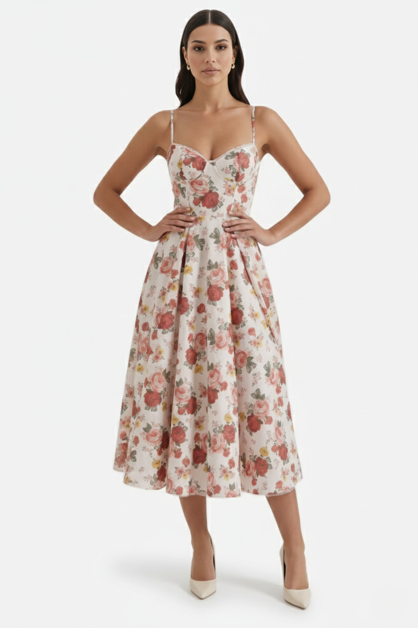 Sweetheart Bustier Midi Dress with Full Circle Skirt and Tulle Hem - Siopie