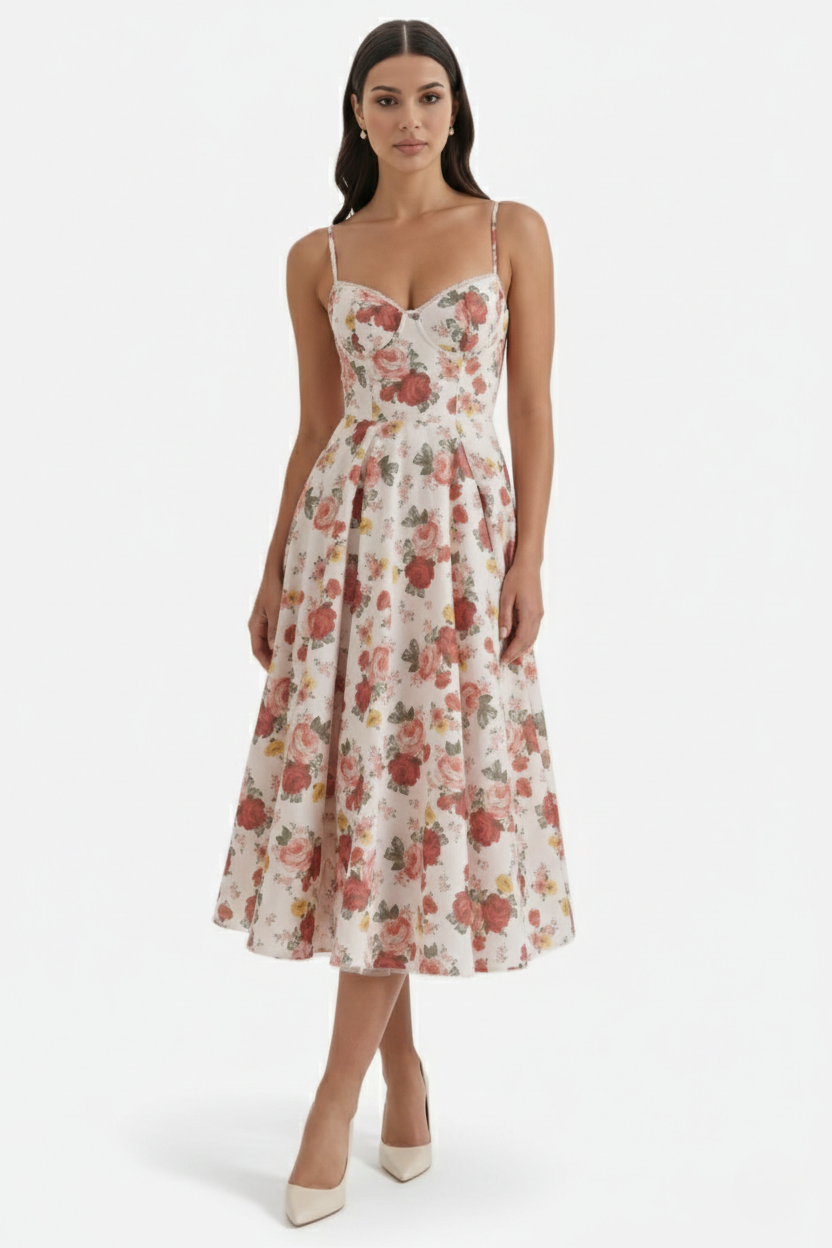 Sweetheart Bustier Midi Dress with Full Circle Skirt and Tulle Hem - Siopie