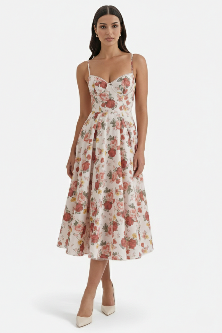 Sweetheart Bustier Midi Dress with Full Circle Skirt and Tulle Hem - Siopie