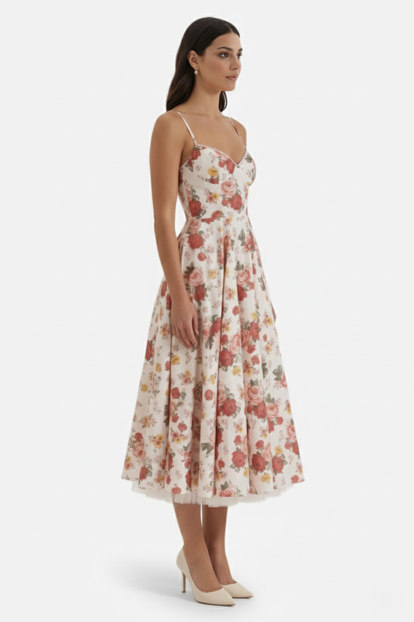 Sweetheart Bustier Midi Dress with Full Circle Skirt and Tulle Hem - Siopie