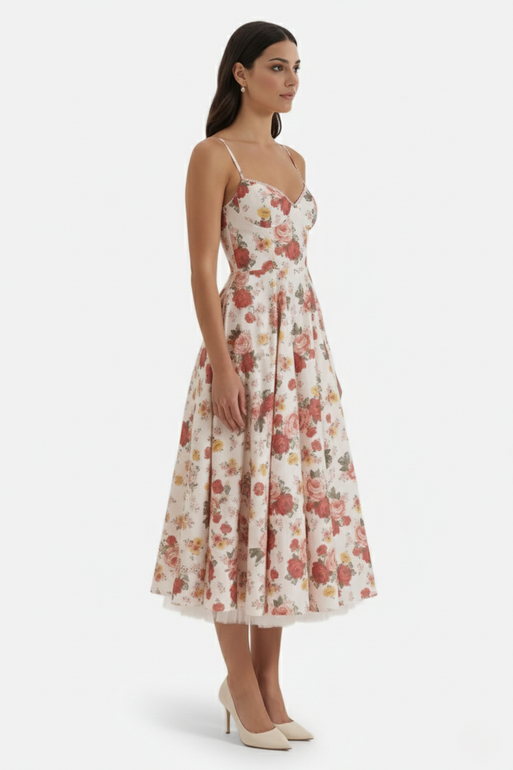 Sweetheart Bustier Midi Dress with Full Circle Skirt and Tulle Hem - Siopie