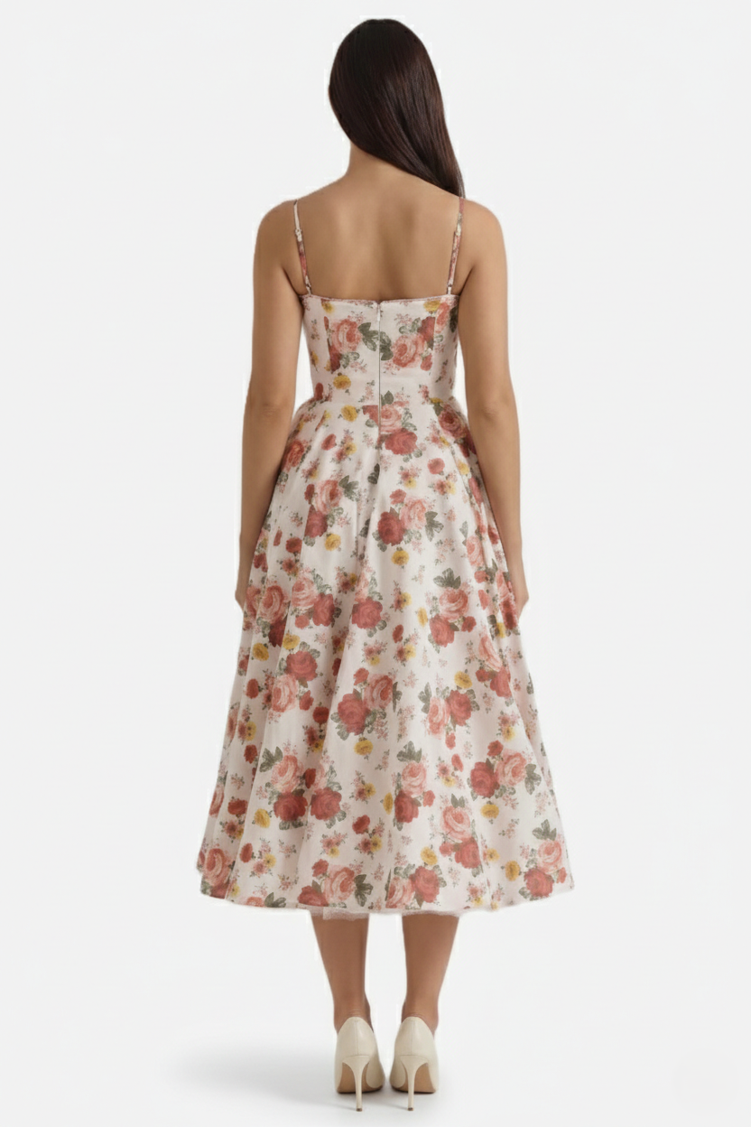 Sweetheart Bustier Midi Dress with Full Circle Skirt and Tulle Hem - Siopie