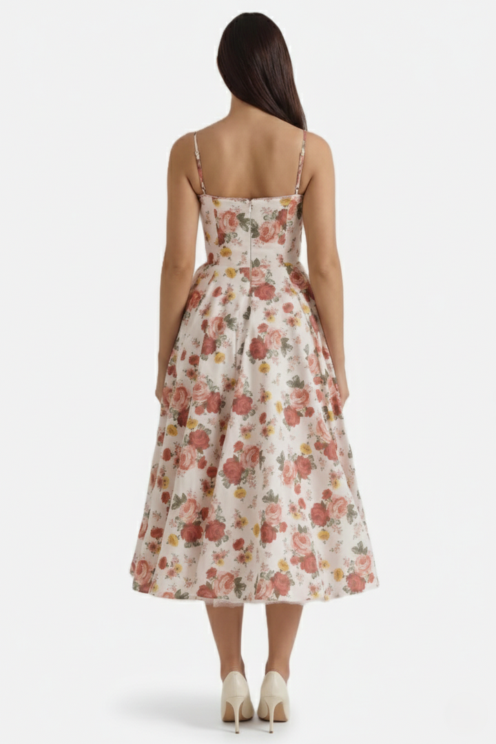 Sweetheart Bustier Midi Dress with Full Circle Skirt and Tulle Hem - Siopie