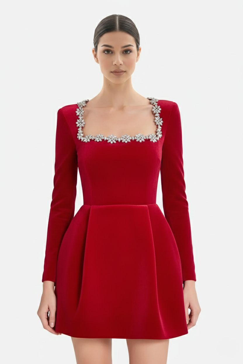 Cocktail Dress Velvet Floral Crystal Embellished Trim Long Sleeve - Siopie