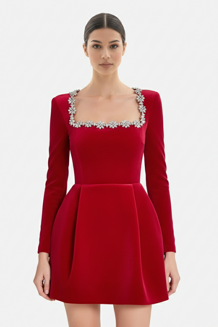 Cocktail Dress Velvet Floral Crystal Embellished Trim Long Sleeve - Siopie