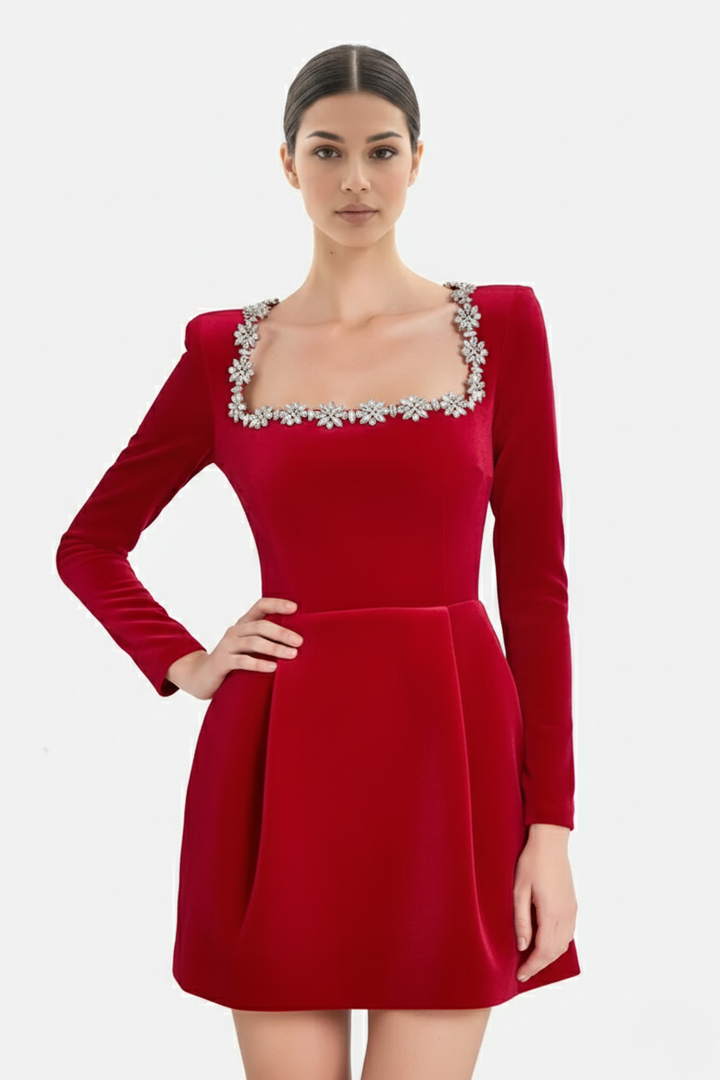Cocktail Dress Velvet Floral Crystal Embellished Trim Long Sleeve - Siopie