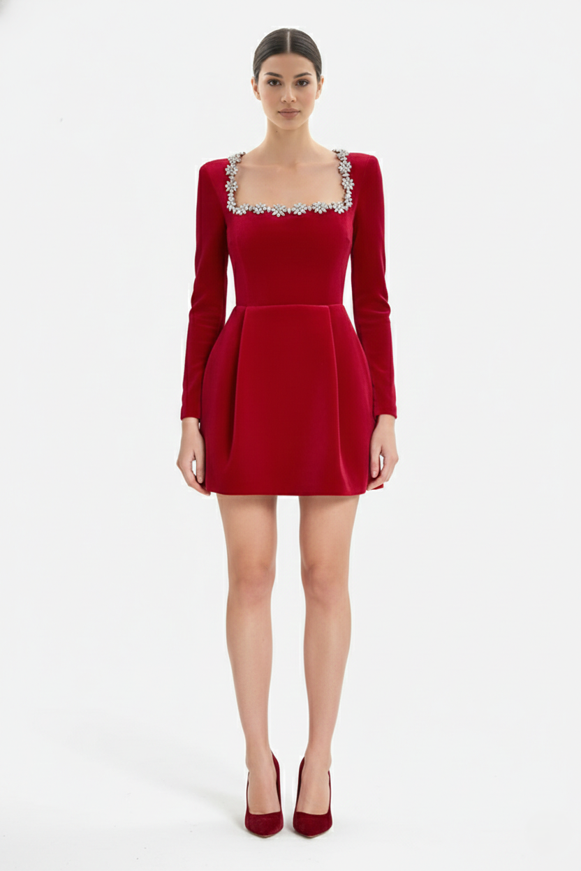 Cocktail Dress Velvet Floral Crystal Embellished Trim Long Sleeve - Siopie