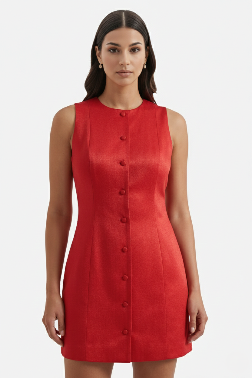 Sleeveless Button-Front Mini Sheath Dress Round Neck - Siopie