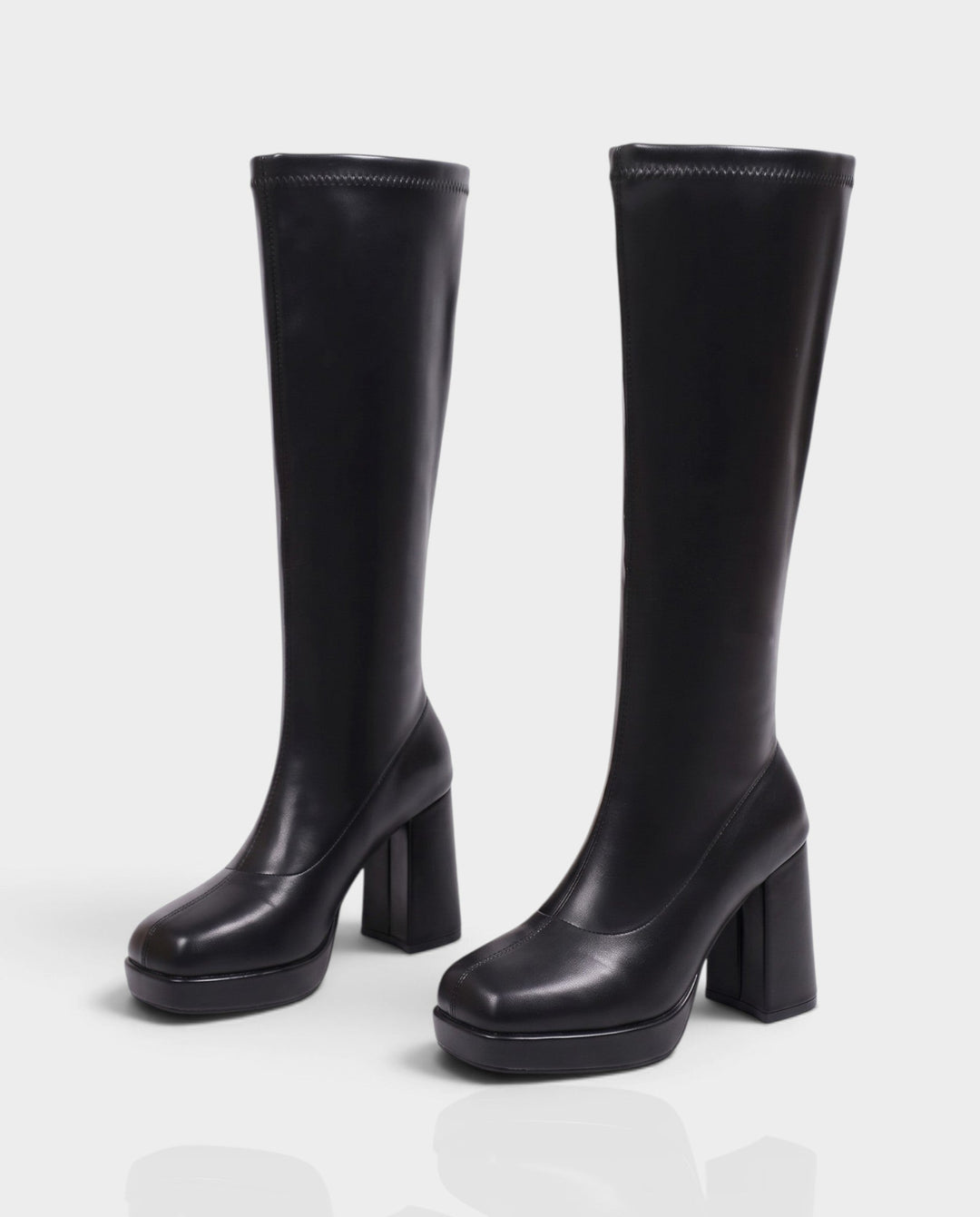 Sorvienne Square Toe Platform Knee High Boots in Black