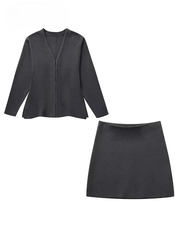 Sorvienne Slim Cardigan and Knitted Mini Skirt Set in Charcoal