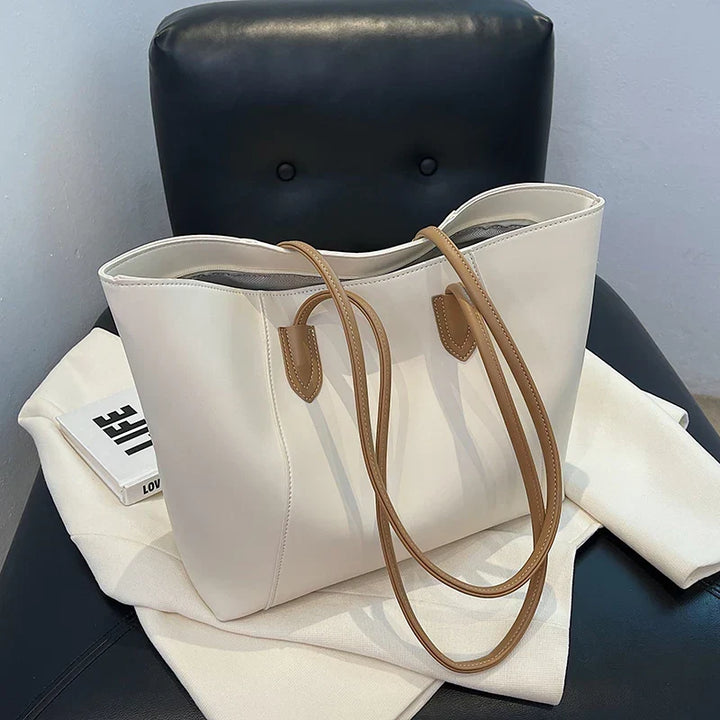 Sorvienne Structured Faux Leather Tote Bag in Cream