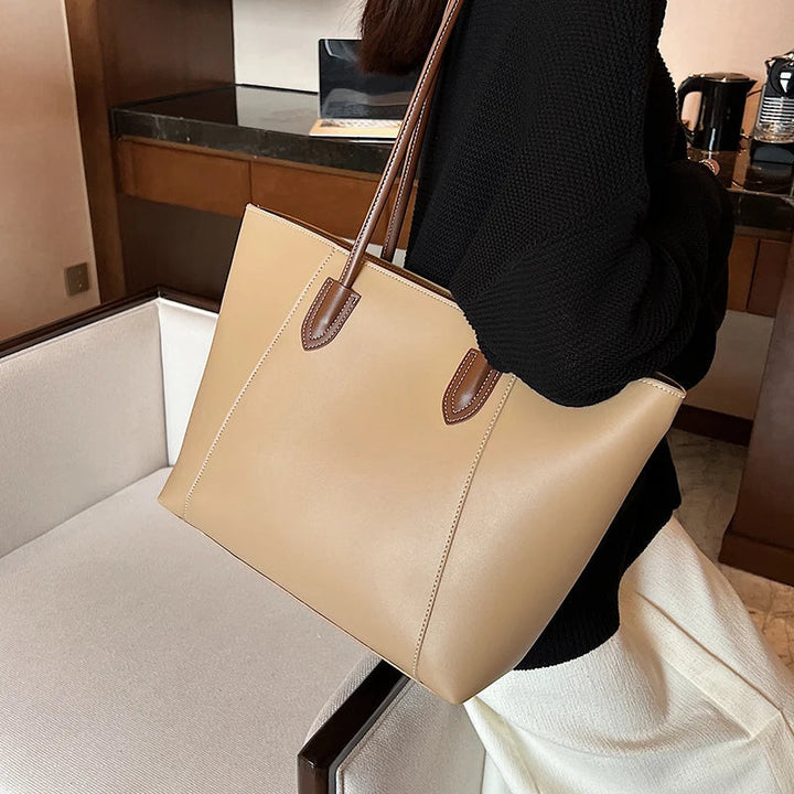 Sorvienne Structured Faux Leather Tote Bag in Beige