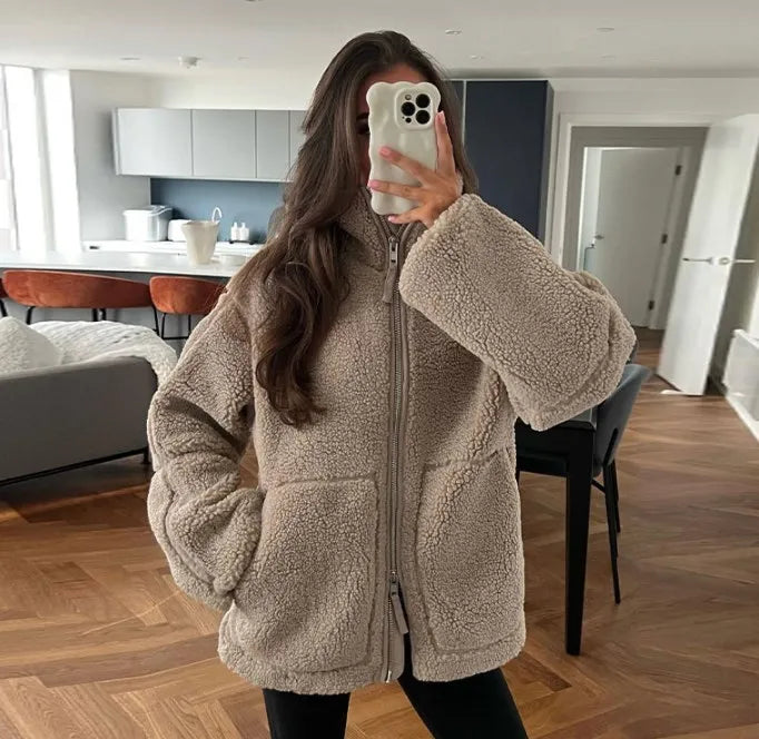 Sorvienne Oversized Zip Through Borg Jacket in Taupe