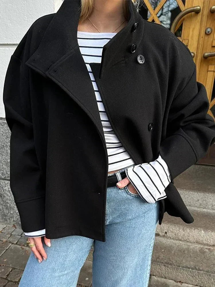 Sorvienne High Neck Raglan Wool Blend Jacket in Black