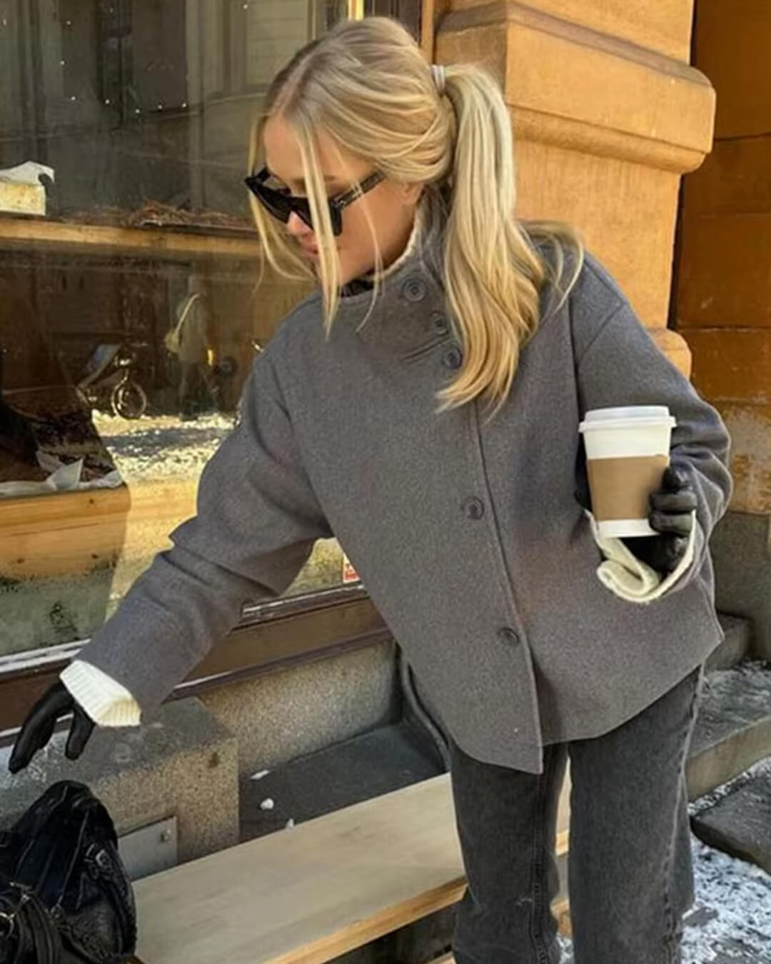 Sorvienne High Neck Raglan Wool Blend Jacket in Grey