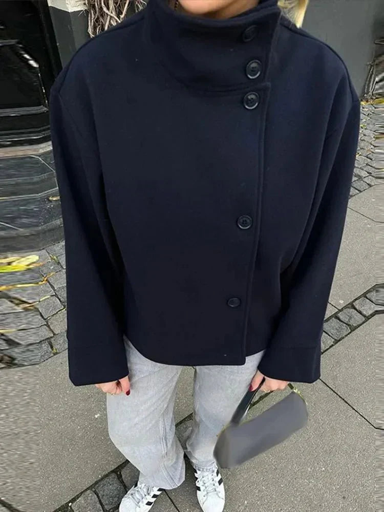 Sorvienne High Neck Raglan Wool Blend Jacket in Navy