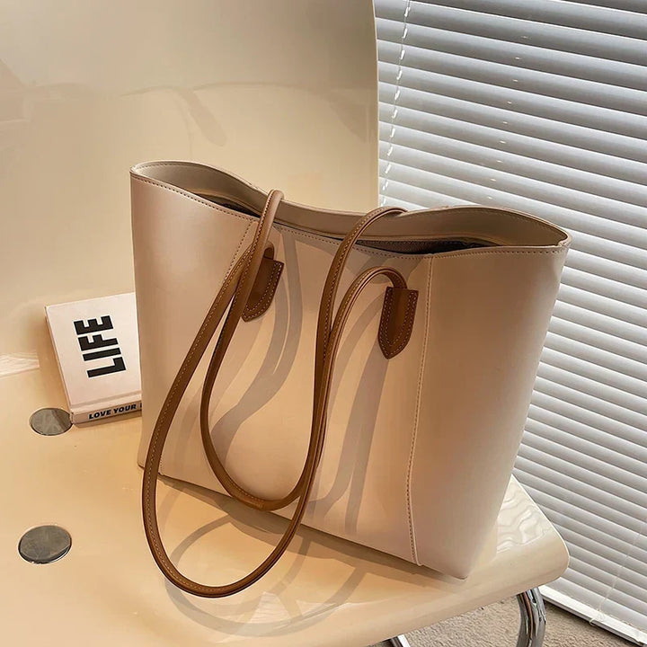 Sorvienne Structured Faux Leather Tote Bag in Beige