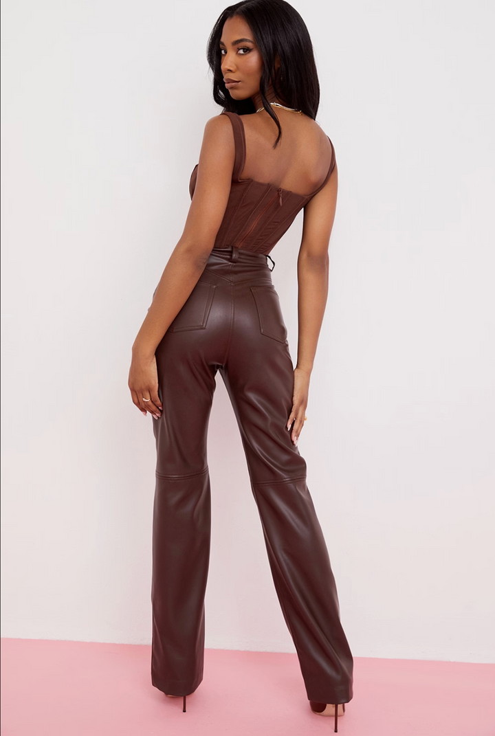 Sorvienne High Waist Straight Leg Faux Leather Trousers