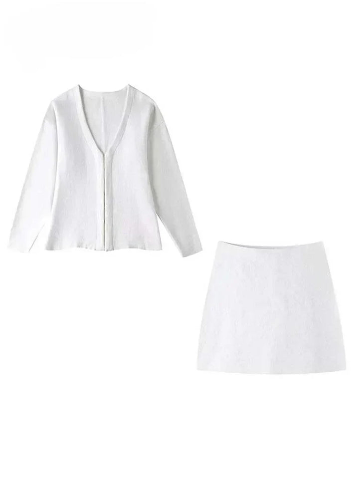 Sorvienne Slim Cardigan and Knitted Mini Skirt Set in Cream