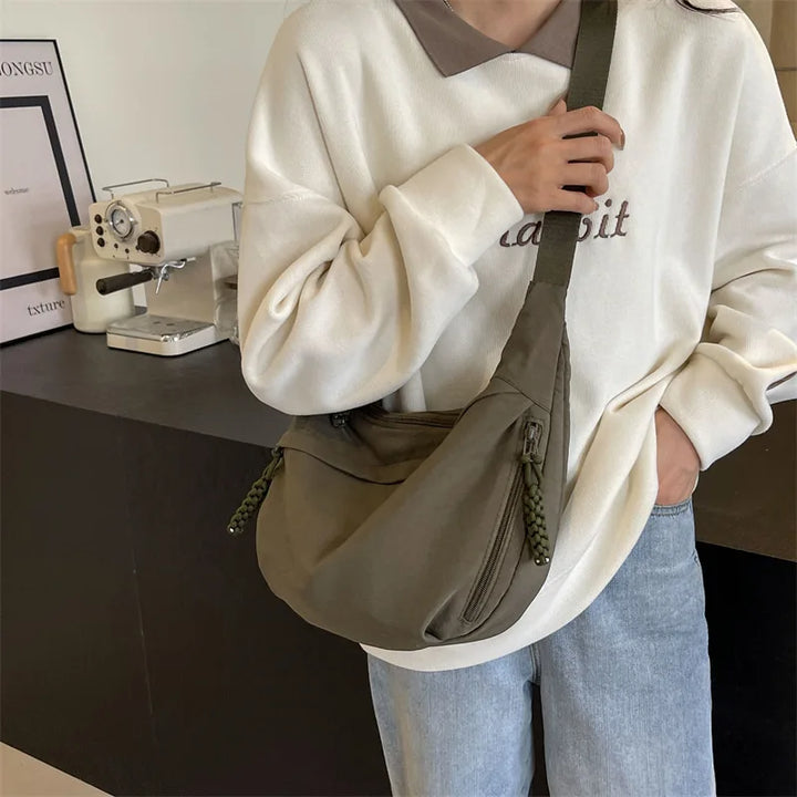 Sorvienne Oversized Slouchy Crescent Crossbody Bag in Olive