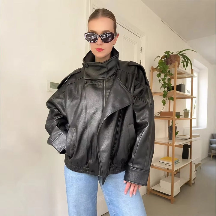 Sorvienne Oversized Asymmetric Zip Leather Look Jacket in Black