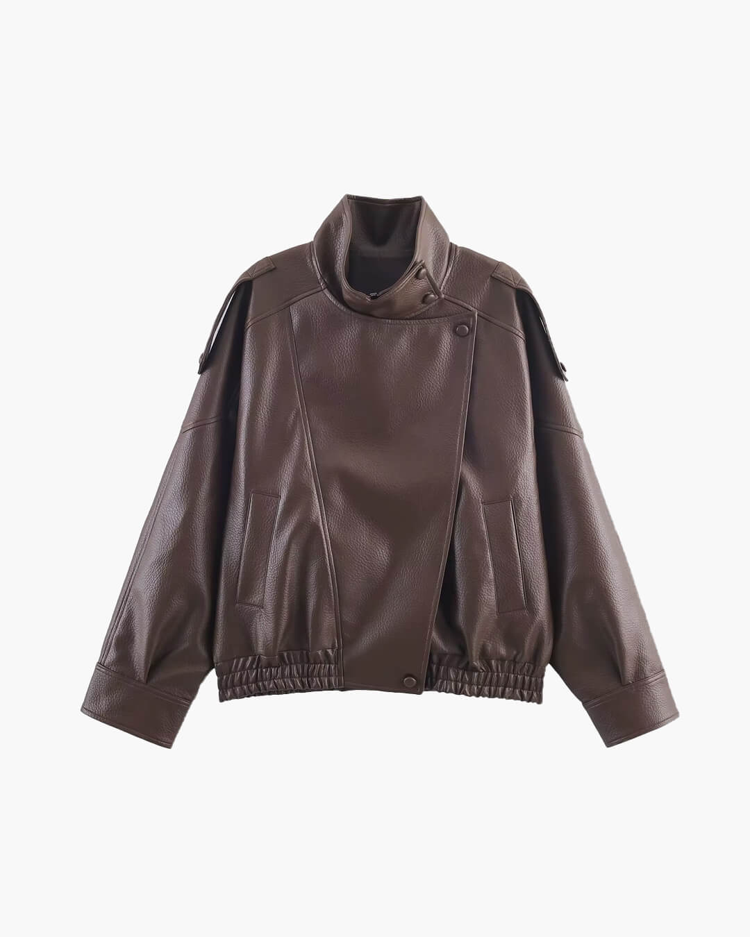 Sorvienne Oversized Asymmetric Zip Leather Look Jacket in Brown