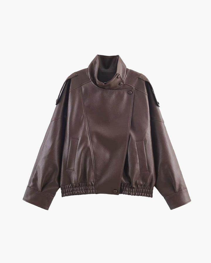Sorvienne Oversized Asymmetric Zip Leather Look Jacket in Brown